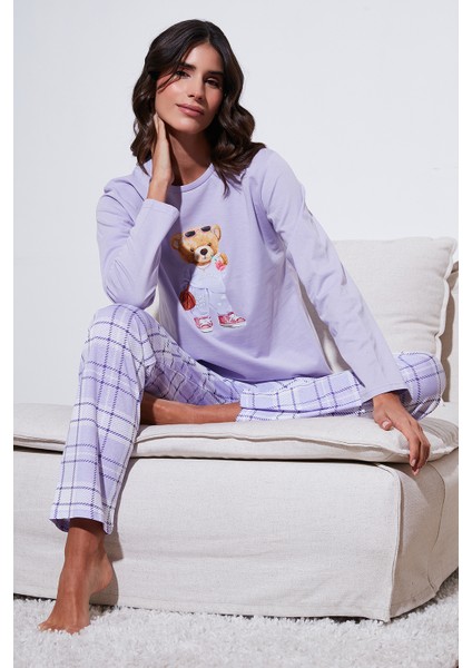 Pamuklu Regular Fit Baskılı Bisiklet Yaka Pijama Takımı Bayan Pijama Takımı 65723314