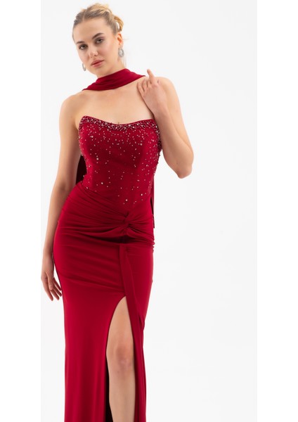 Kadın Bordo Şal Yaka Taşlı Düğüm Detay Uzun Abiye Elbise fiyatları
