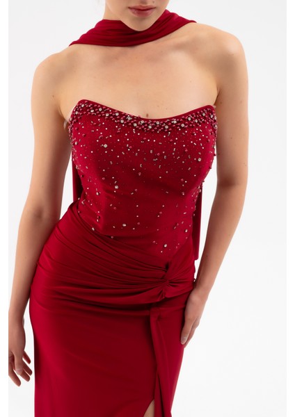 Kadın Bordo Şal Yaka Taşlı Düğüm Detay Uzun Abiye Elbise indirimleri