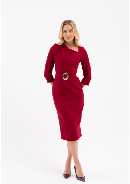 Kadın Bordo Kemer Detay Midi Davet Elbisesi fiyatları