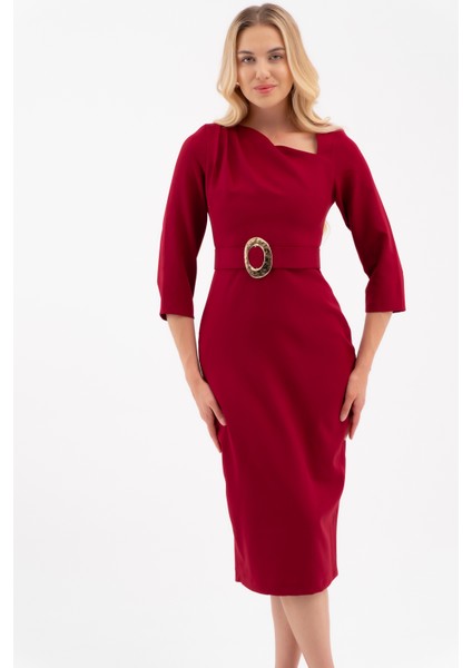 Kadın Bordo Kemer Detay Midi Davet Elbisesi modelleri