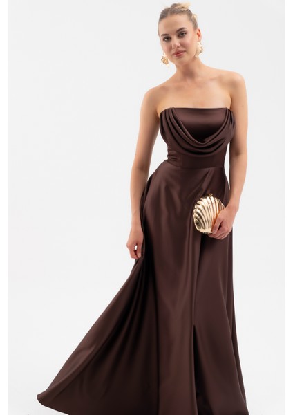 Kadın Kahverengi Degaje Yaka Uzun Straplez Abiye modelleri
