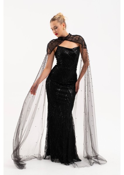 Kadın Siyah Şal Detay Boncuklu Uzun Abiye Elbise