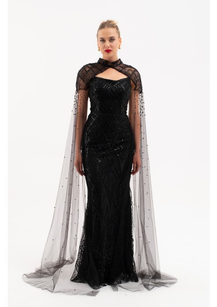 Kadın Siyah Şal Detay Boncuklu Uzun Abiye Elbise fiyatları