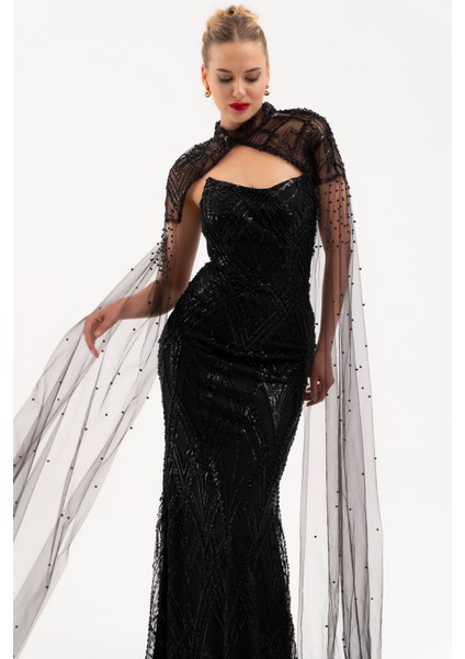 Kadın Siyah Şal Detay Boncuklu Uzun Abiye Elbise modelleri