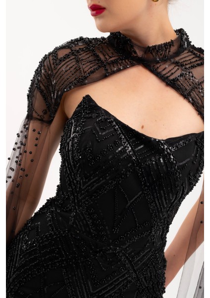 Kadın Siyah Şal Detay Boncuklu Uzun Abiye Elbise indirimleri