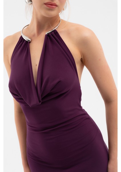 Kadın Mürdüm Aksesuar Detay Dekolteli Uzun Elbise indirimleri