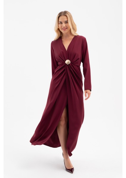 Kadın Bordo Istiridye Aksesuarlı Uzun Kol Elbise