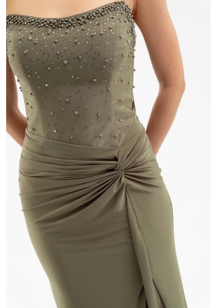 Kadın Haki Şal Yaka Taşlı Düğüm Detay Uzun Abiye Elbise fırsatları