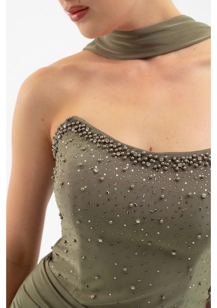 Kadın Haki Şal Yaka Taşlı Düğüm Detay Uzun Abiye Elbise indirimleri