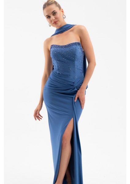 Kadın Indigo Şal Yaka Taşlı Düğüm Detay Uzun Abiye Elbise modelleri