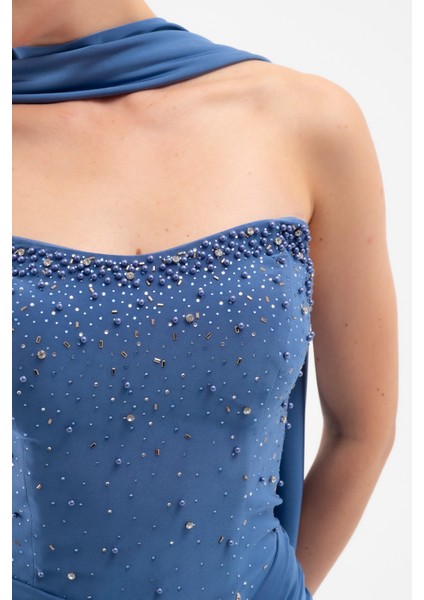 Kadın Indigo Şal Yaka Taşlı Düğüm Detay Uzun Abiye Elbise fırsatları