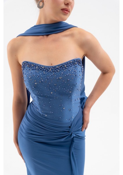 Kadın Indigo Şal Yaka Taşlı Düğüm Detay Uzun Abiye Elbise indirimleri