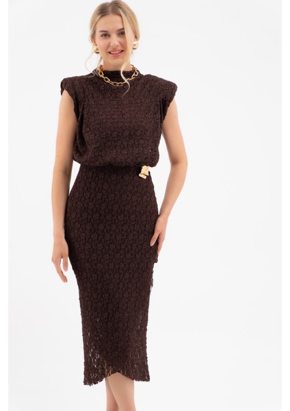 Kadın Kahverengi Gold Broşlu Dantel Elbise modelleri