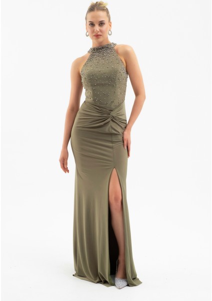 Kadın Haki Halter Yaka Taşlı Uzun Abiye Elbise