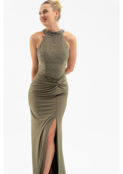 Kadın Haki Halter Yaka Taşlı Uzun Abiye Elbise modelleri