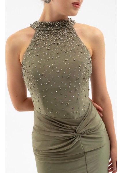 Kadın Haki Halter Yaka Taşlı Uzun Abiye Elbise indirimleri