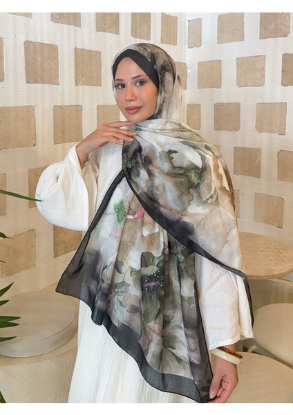 Retro Desenli Pamuk Şal Romantik Seri Siyah Yeşil PS96