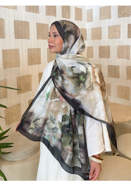 Retro Desenli Pamuk Şal Romantik Seri Siyah Yeşil PS96 modelleri