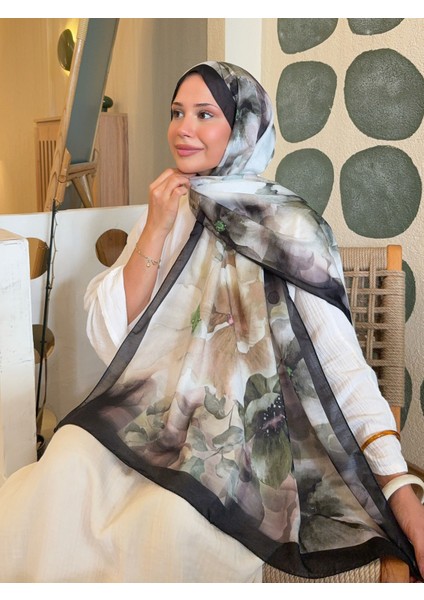 Retro Desenli Pamuk Şal Romantik Seri Siyah Yeşil PS96