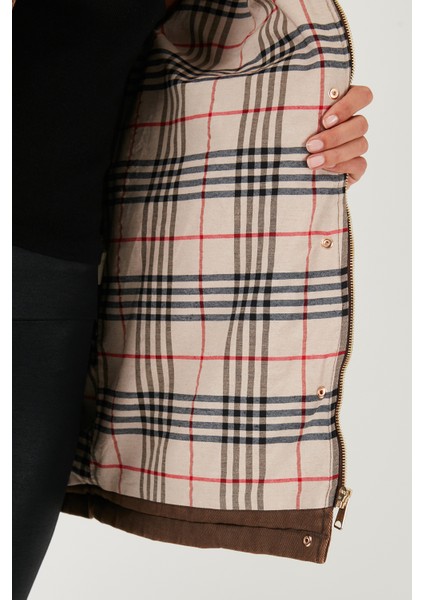 Mumlu Gabardin Yakası Kadife Ekose Astarlı Ceket Mont Bayan Mont 6810330