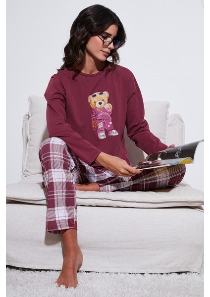 Pamuklu Regular Fit Baskılı Bisiklet Yaka Pijama Takımı Bayan Pijama Takımı 65723314
