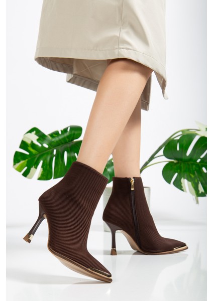 Kahve Çizgili Bilek Boy Topuklu Kadın Çizme fiyatları