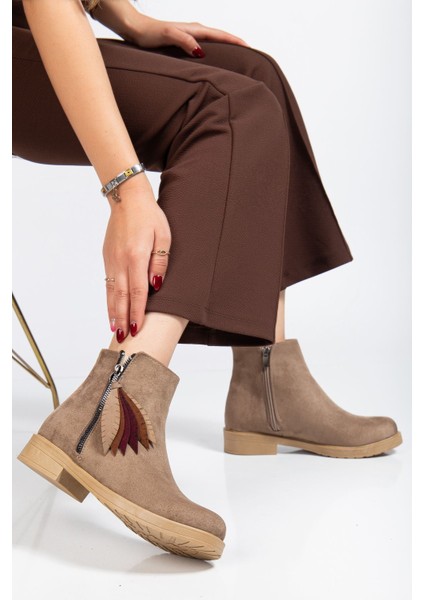 Vizon Süet Yaprak Desenli Fermuarlı Günlük Kadın Bot fiyatları