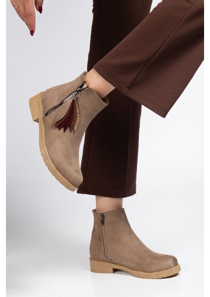 Vizon Süet Yaprak Desenli Fermuarlı Günlük Kadın Bot modelleri