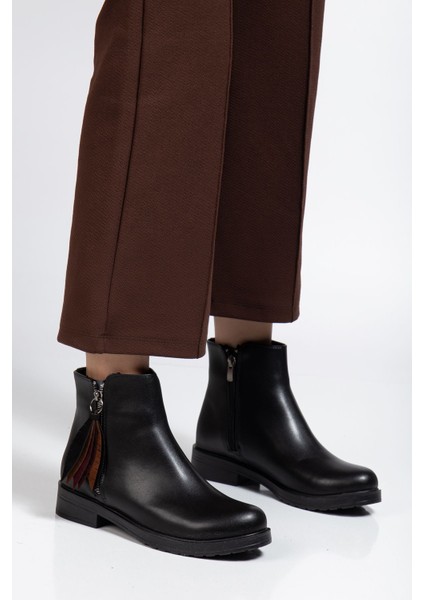 Siyah Cilt Yaprak Desenli Fermuarlı Günlük Kadın Bot modelleri