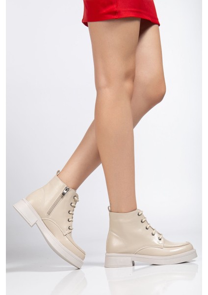 Bej Kırışık Rugan Bağcıklı Fermuarlı Günlük Kadın Bot fiyatları