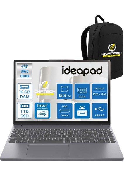 Ideapad Slim 3 İ5-13420H 16 GB Ram 1 Tb SSD UHD 15.3" Wuxga WİN11PRO Notebook+Okatech Çanta