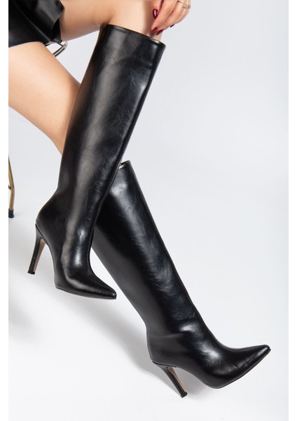 Siyah Kırışık Rugan Günlük Bayan Çizme