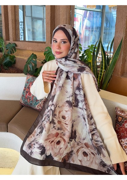 Desenli Pamuk Soft Şal Soon Serisi Kahverengi Bej PS111