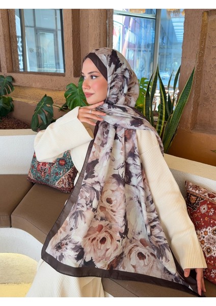 Desenli Pamuk Soft Şal Soon Serisi Kahverengi Bej PS111