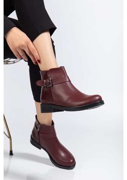 Bordo Kroko Toka Aksesuarlı Fermuarlı Günlük Kadın Bot fiyatları