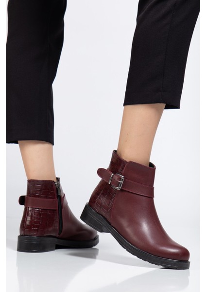 Bordo Kroko Toka Aksesuarlı Fermuarlı Günlük Kadın Bot modelleri