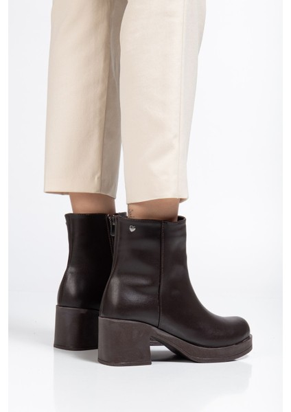 Kahve Fermuarlı Kalın Topuklu Günlük Kadın Bot modelleri