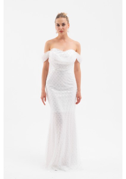 Kadın Beyaz Madonna Yaka Boncuklu Uzun Abiye Elbise