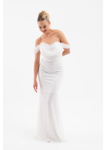 Kadın Beyaz Madonna Yaka Boncuklu Uzun Abiye Elbise fiyatları