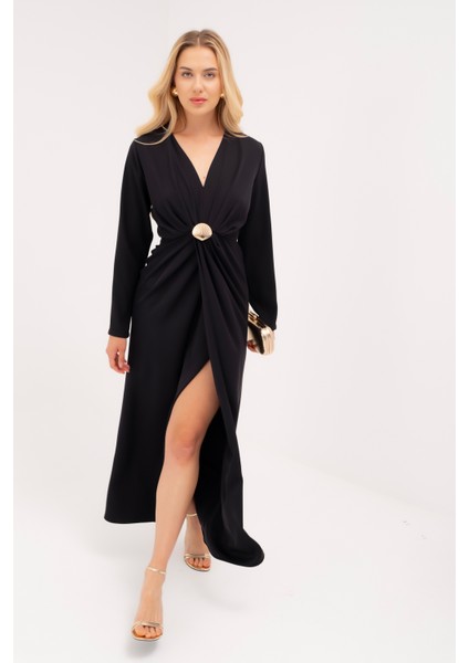 Kadın Lacivert Istiridye Aksesuarlı Uzun Kol Elbise