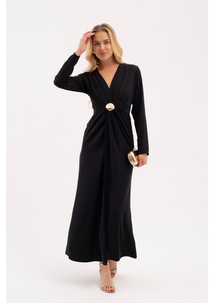 Kadın Lacivert Istiridye Aksesuarlı Uzun Kol Elbise fiyatları