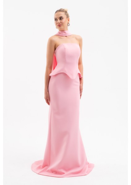 Kadın Pembe Şal Yaka Straplez Söz Nişan Balık Abiye Elbise