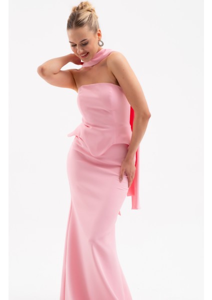 Kadın Pembe Şal Yaka Straplez Söz Nişan Balık Abiye Elbise fiyatları