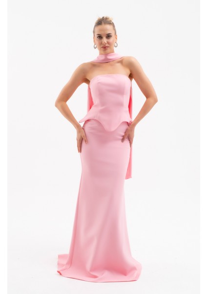 Kadın Pembe Şal Yaka Straplez Söz Nişan Balık Abiye Elbise modelleri