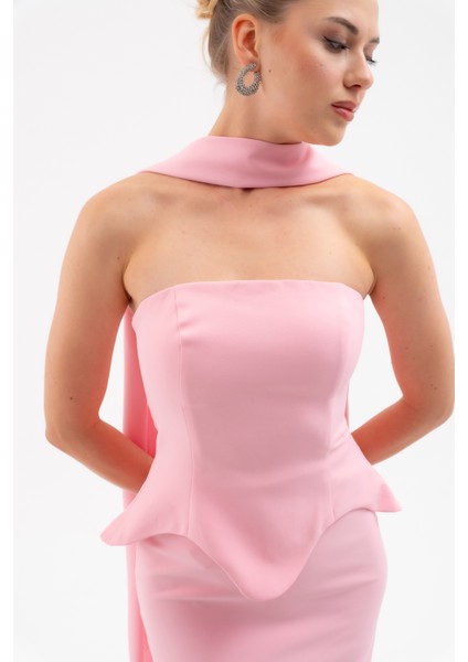 Kadın Pembe Şal Yaka Straplez Söz Nişan Balık Abiye Elbise fırsatları