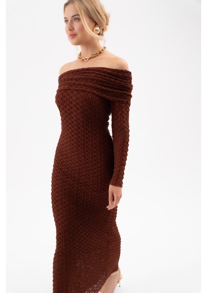 Kadın Kahverengi Açık Omuz Uzun Dantel Elbise modelleri
