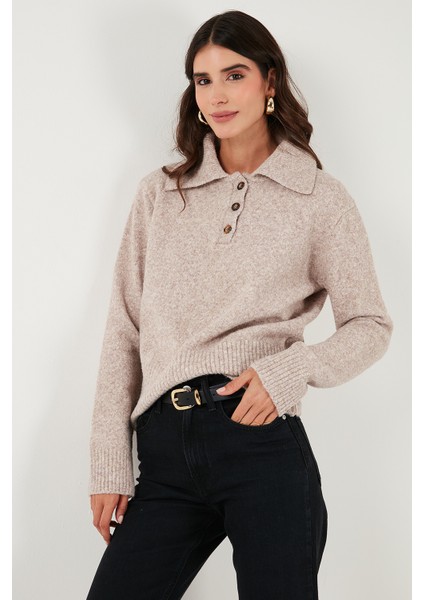 Yün Karışımlı Regular Fit Düğmeli Polo Yaka Kazak Bayan Polo Yaka Kazak 4617019