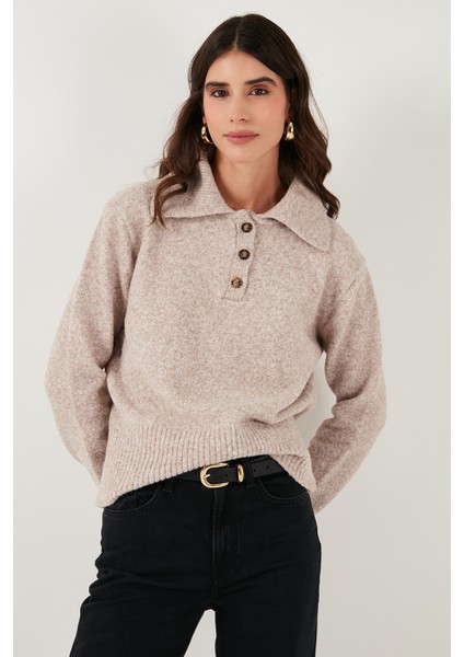 Yün Karışımlı Regular Fit Düğmeli Polo Yaka Kazak Bayan Polo Yaka Kazak 4617019 fırsatları