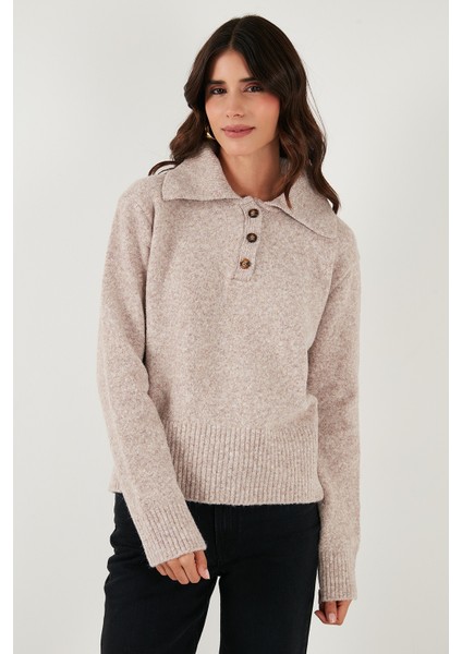 Yün Karışımlı Regular Fit Düğmeli Polo Yaka Kazak Bayan Polo Yaka Kazak 4617019 indirimleri